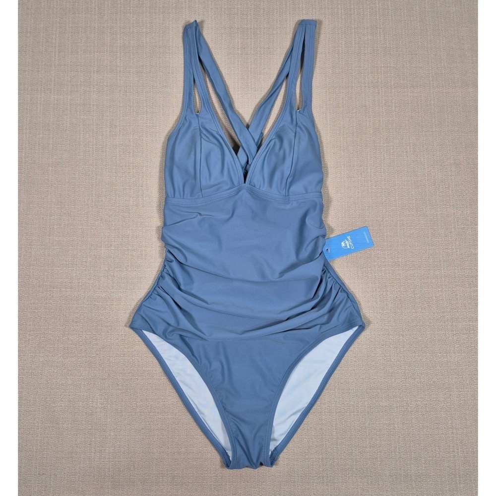 Cupshe Blue‎ V-Neck Ruched One Piece Swimsuit Tummy Control Medium DAA12E3F004SS